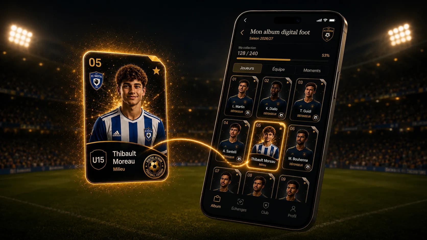Vignette Lucas Roux et smartphone affichant l'app PixLeague avec son album U15, une trace dorée relie la vignette au slot 05 vide.